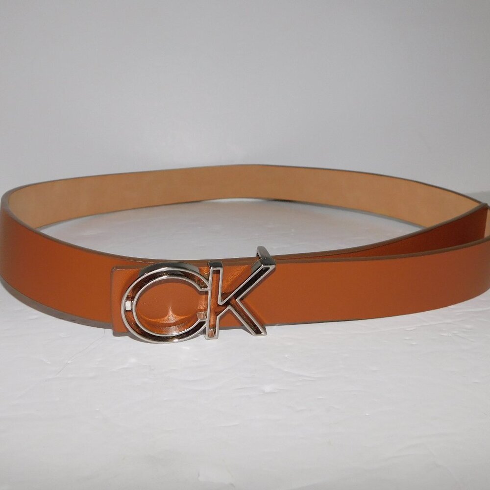 Calvin Klein CK Tan Leather Belt with Monogram Buckle Unisex Large 38 - 40